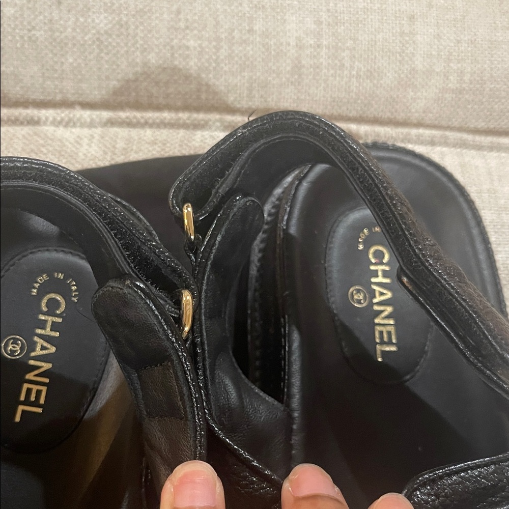 Authentic Chanel Black Sandals with Gold Logo Detail - Picture 2 of 4